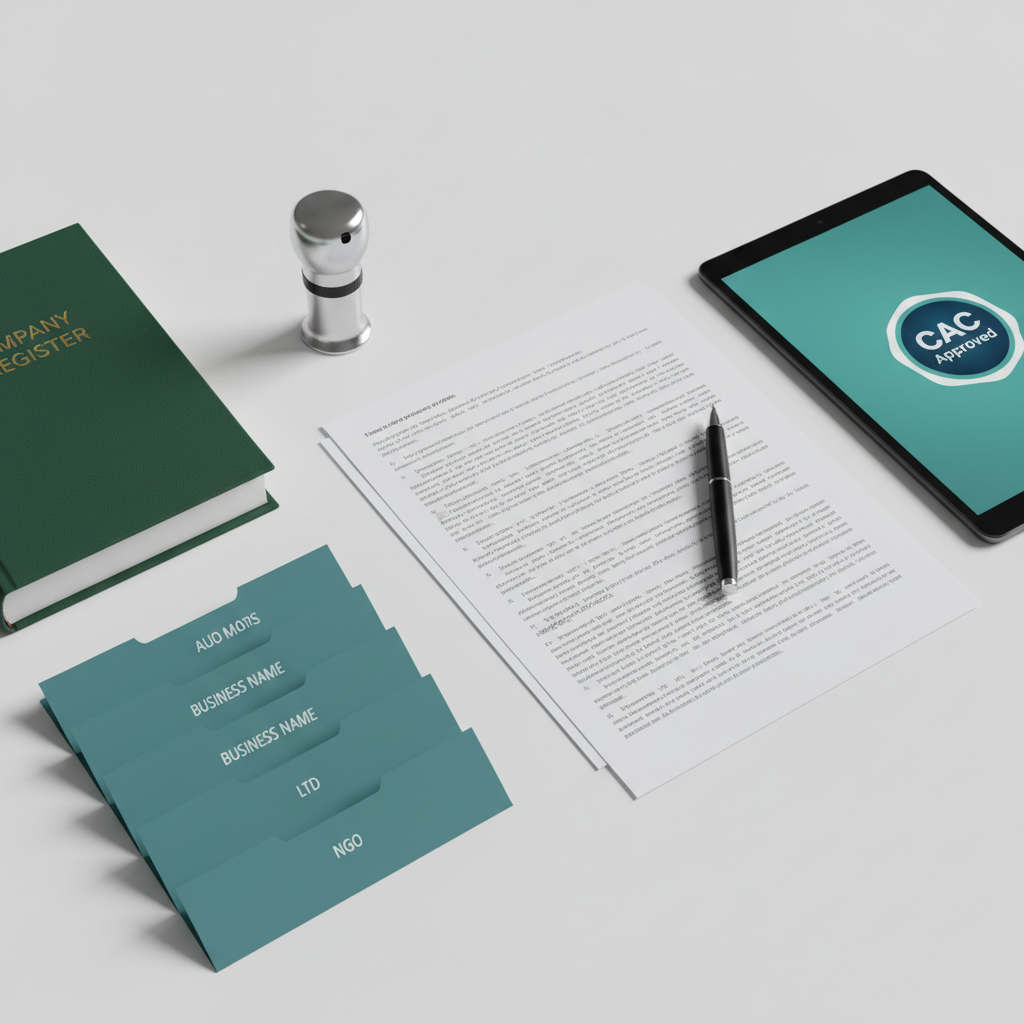 A close-up, photographic view of a meticulously arranged flat lay on a smooth white tabletop, showcasing CAC registration essentials: crisp printed forms with visible, but non-legible, fine text, a deep green hardbound company register, a metallic stamp, and a minimalist tablet screen displaying a stylized “CAC Approved” badge. A matte black pen rests diagonally across a form, while a small stack of branded, teal-colored folders labeled “Business Name,” “LTD,” and “NGO” fans out beneath. Soft studio lighting from the top left creates gentle highlights on metallic surfaces and subtle paper texture, with clean shadows that enhance depth. The mood is precise, organized, and modern, captured from a slightly elevated angle using photographic realism and a clean, corporate aesthetic.