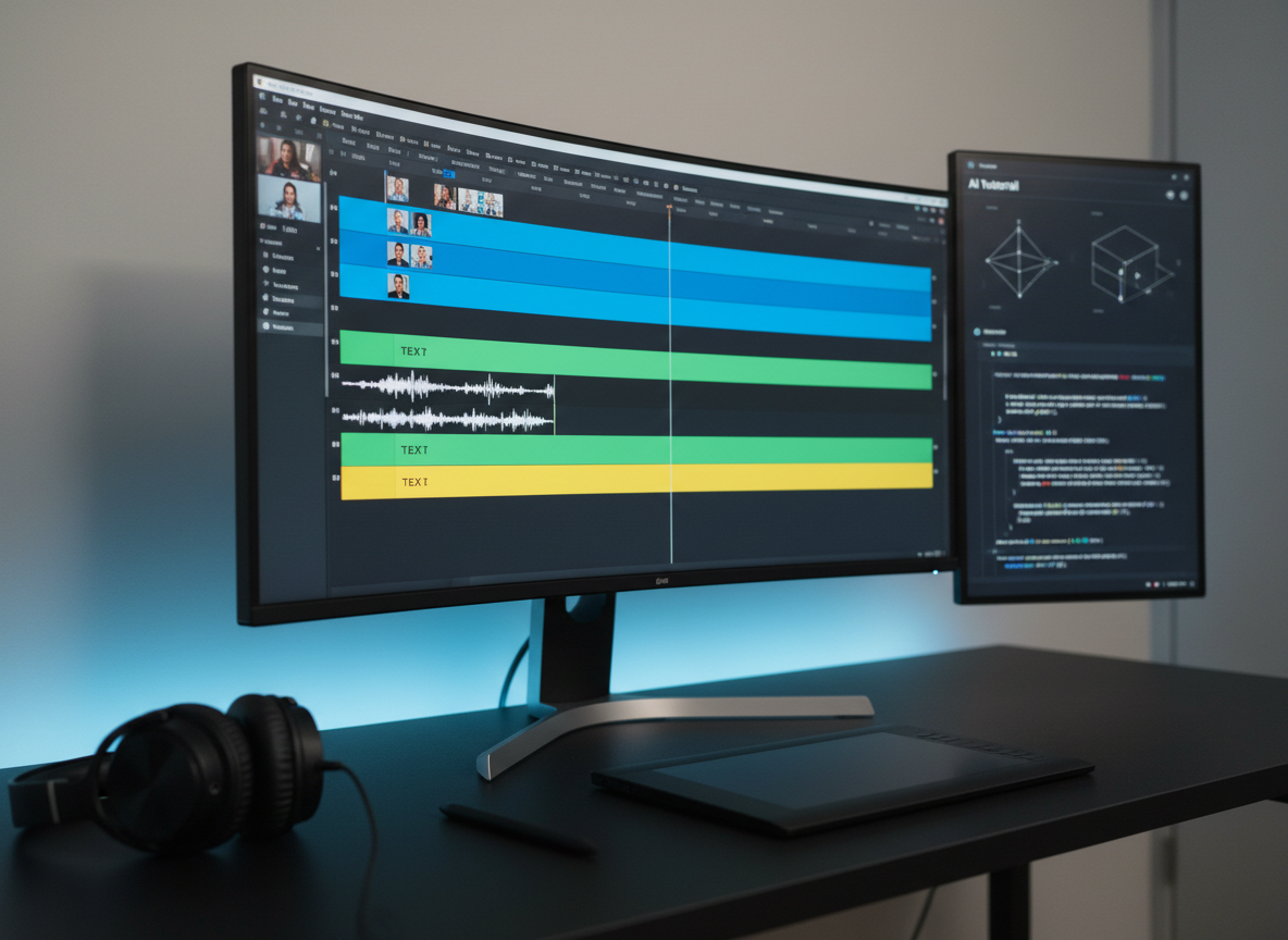 A cinematic, photographic scene of a minimalist editing workspace with a high-resolution monitor displaying a paused CapCut video editing timeline, complete with colorful tracks, thumbnails, and audio waveforms. Nearby, a second screen shows an AI tutorial interface with simple diagrams and code snippets. On the matte black desk surface, a pair of studio headphones rests beside a graphics tablet and stylus. Cool, focused LED strip lighting runs along the back edge of the desk, casting a subtle blue glow against a neutral wall, while a soft key light from the right highlights the monitor edges and desk textures. Shot from a slightly low, three-quarter angle, with a shallow depth of field, the image feels high-tech, creative, and educational, perfectly suited to promoting editing and AI beginner classes.