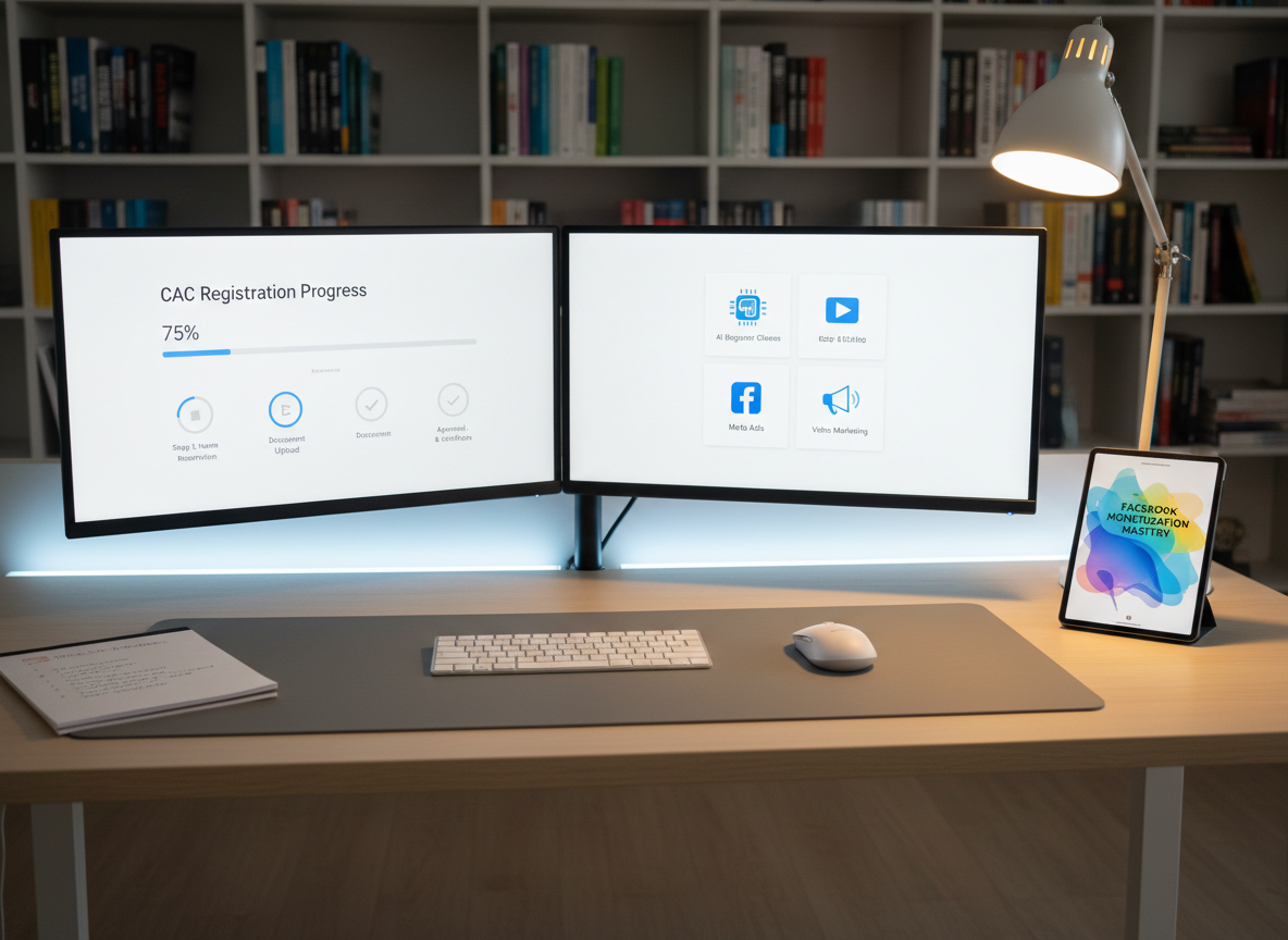 A modern dual-monitor setup on a tidy light-oak desk, both screens displaying different business services dashboards: one with a simplified CAC registration progress tracker, the other showing icons for AI beginner classes, CapCut video editing lessons, Meta ads, and video marketing. To the side, a slim tablet lies flat, showing a colorful Facebook monetization ebook cover. Ambient cool-white LED lighting washes the workspace, while a warm desk lamp creates a gentle pool of light on a notepad and wireless keyboard. Background elements like a blurred bookcase with business and tech titles reinforce the digital-learning theme. Photographic realism, shot at eye level with moderate depth of field, creates a dynamic yet professional atmosphere of integrated digital services.